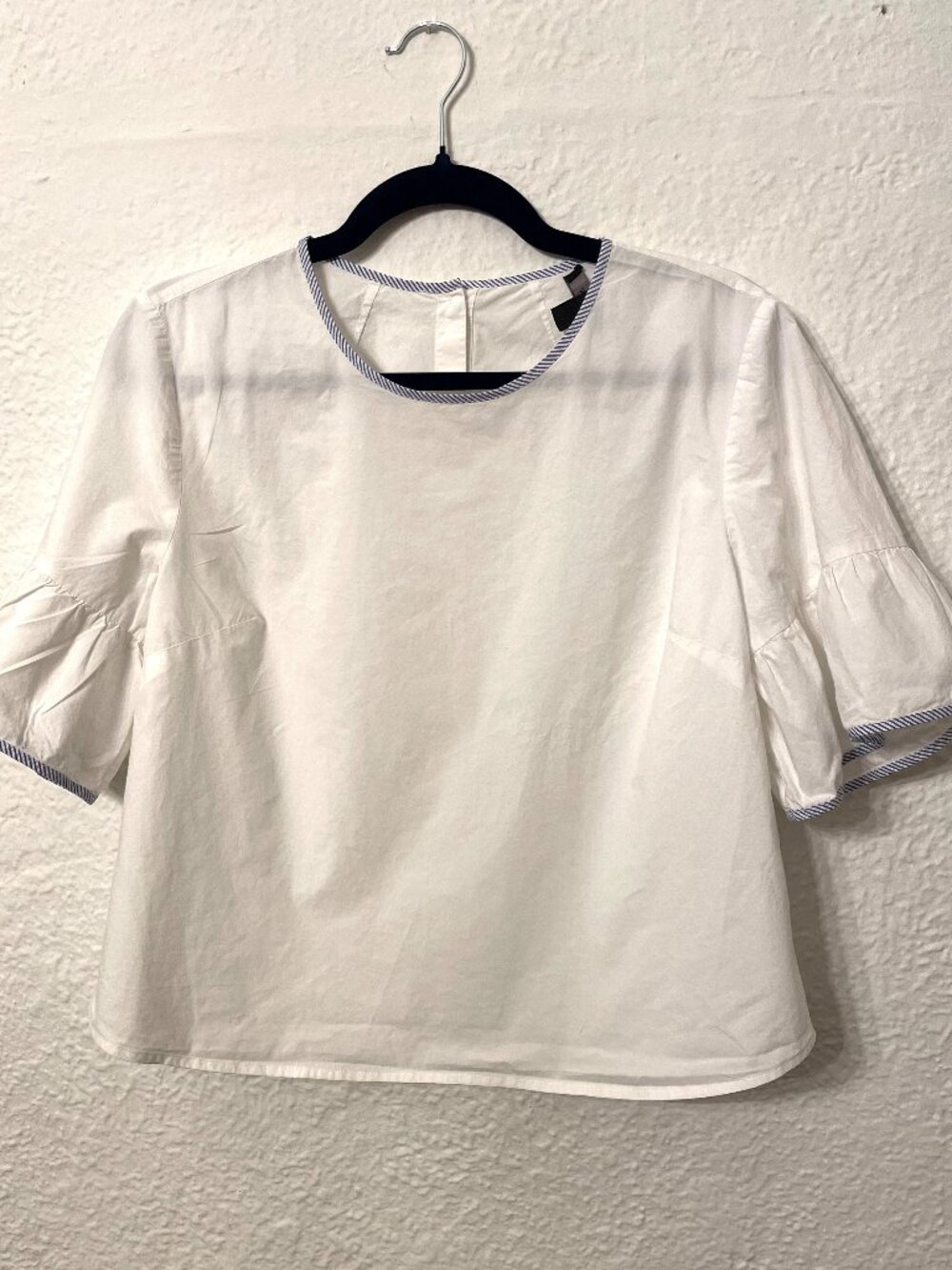 J.CREW Women's Crisp White Bell-sleeve Top Blue Trim Sz 12P Cottage Coastal Prep